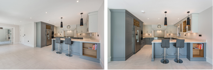 Full overview images of the Belgravia kitchen design, showing the entire open-plan layout.