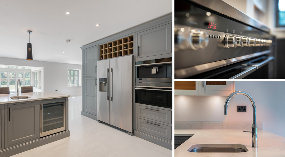 Close up images of the Belgravia kitchen design, showcasing the innovative kitchen appliances and Quooker water tap.