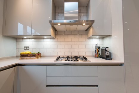 Image of a minimalistic small kitchen design featuring gloss cabinets.