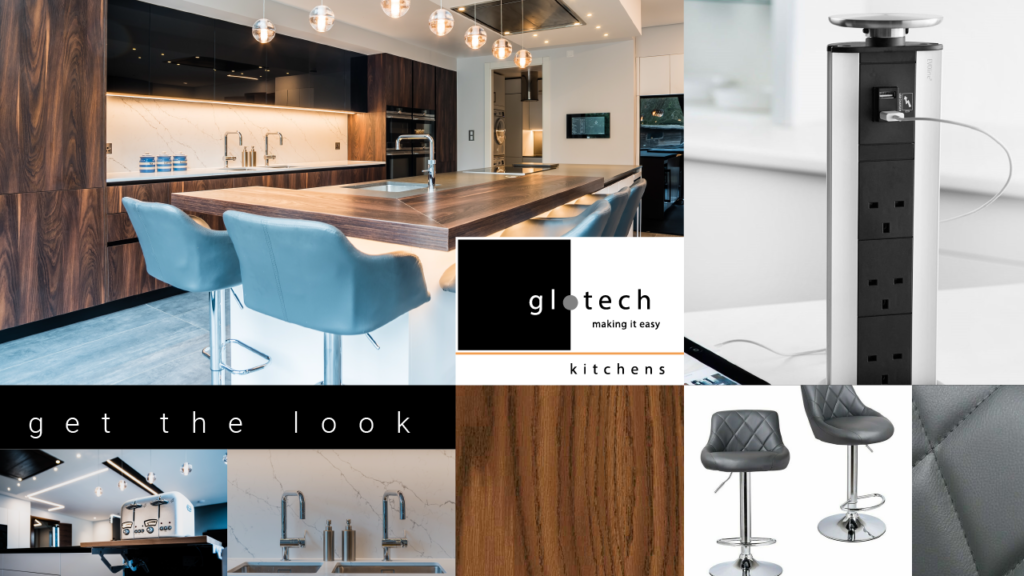 A montage image showcasing the modern Doimo Aspen kitchen range with a statement kitchen island and a variety of modern kitchen units, appliances, and furniture.