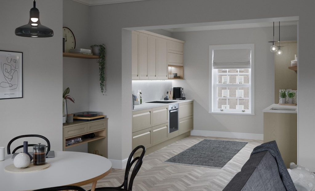 Image of the Harbone Shell & Stone classic kitchen design in white and cream colours featuring strip lighting and statement lighting elements.)