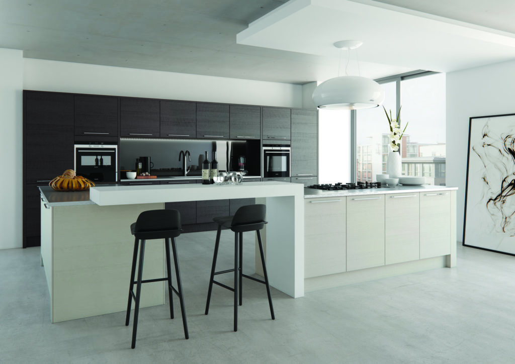 Image of an open-plan white and black modern kitchen design with black kitchen stools and kitchen units.