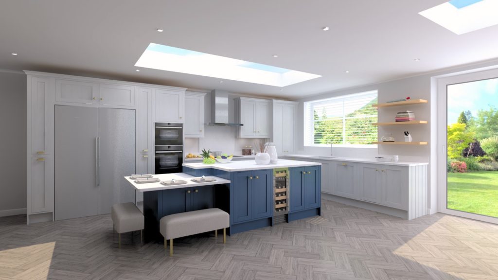 A Modern white kitchen with blue and white cabinets and kitchen island.