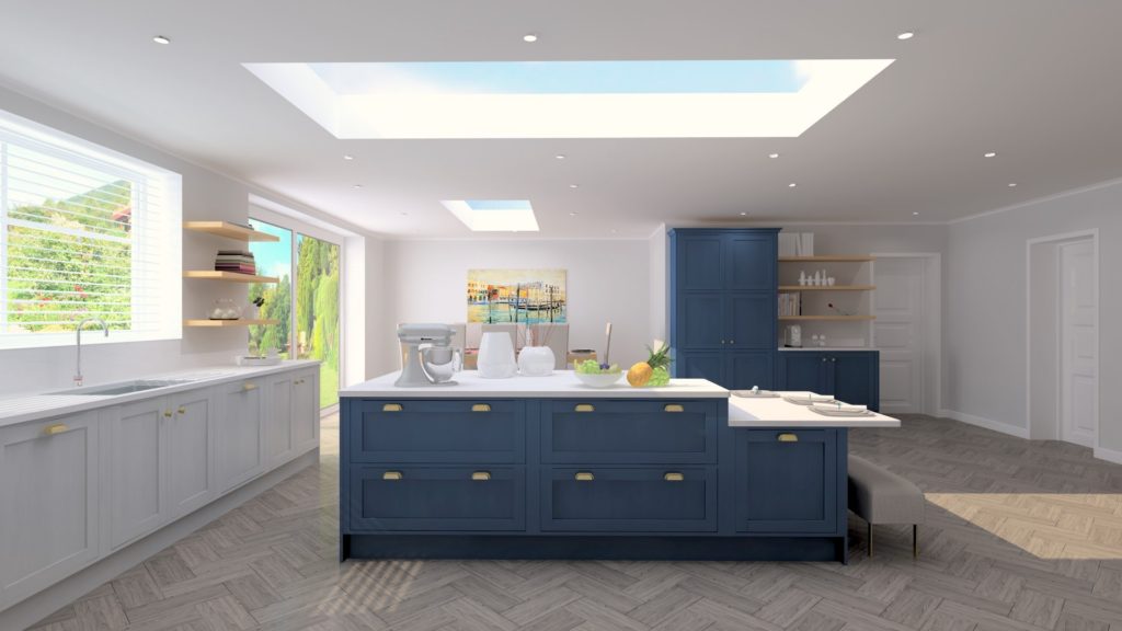 A modern blue and white kitchen cabinets and white worktops with a kitchen island.