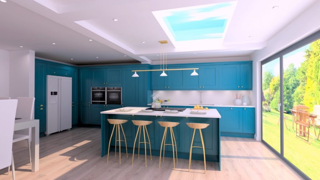 A modern kitchen integrated with blue kitchen cabinets, white worktops, and kitchen island.