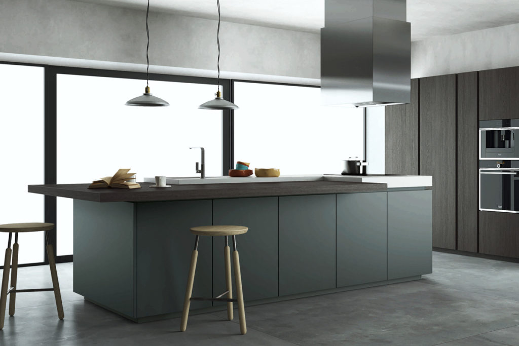 A contemporary handleless kitchen island with breakfast bar and seating
