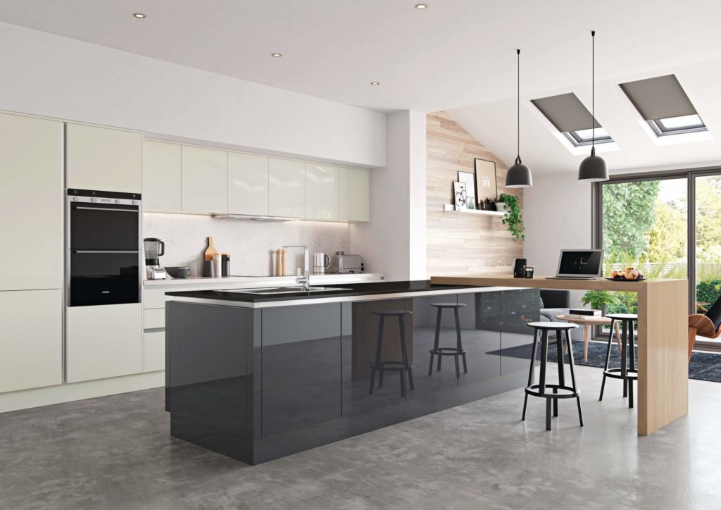 A gloss, white handleless kitchen with graphite grey and wooden breakfast bar