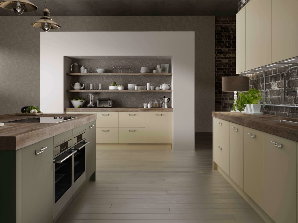 A contemporary green and white kitchen with island and timber worktops