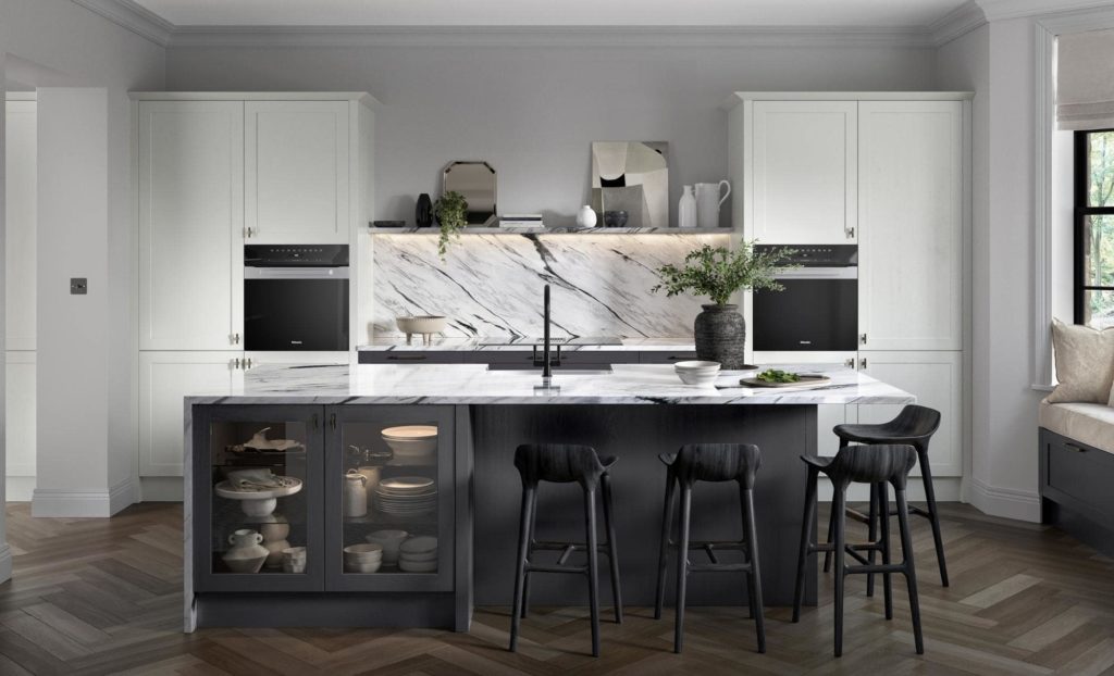 modern monocrome kitchen with marble worktop and splashback