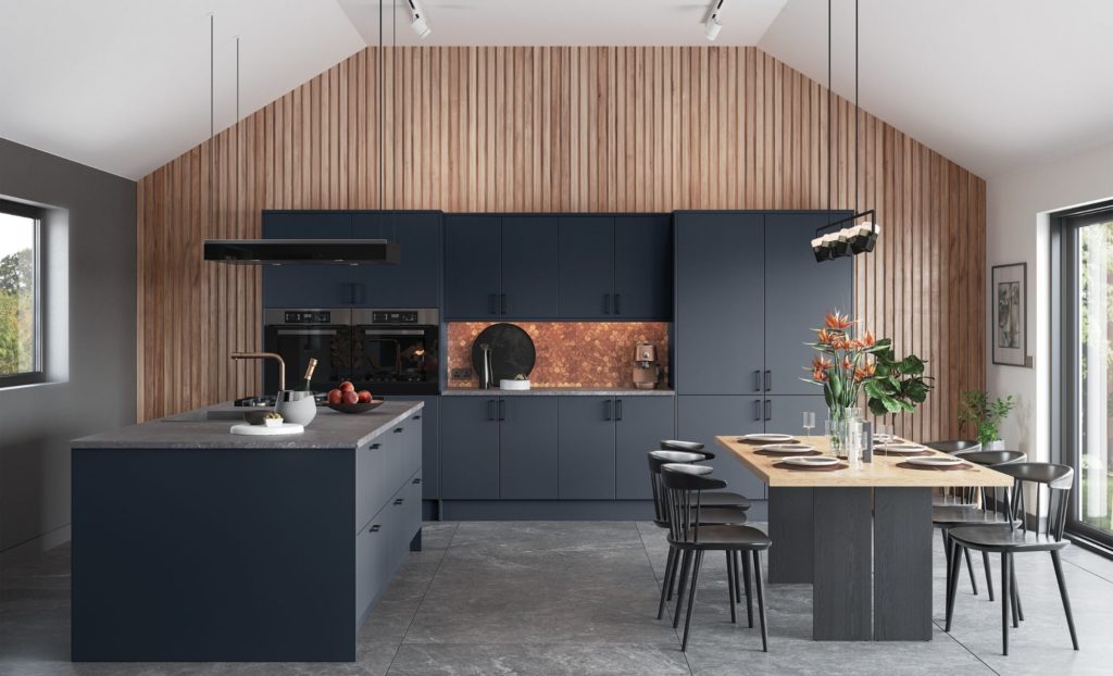 dark grey kitchen with bronze splashback and cladded wall