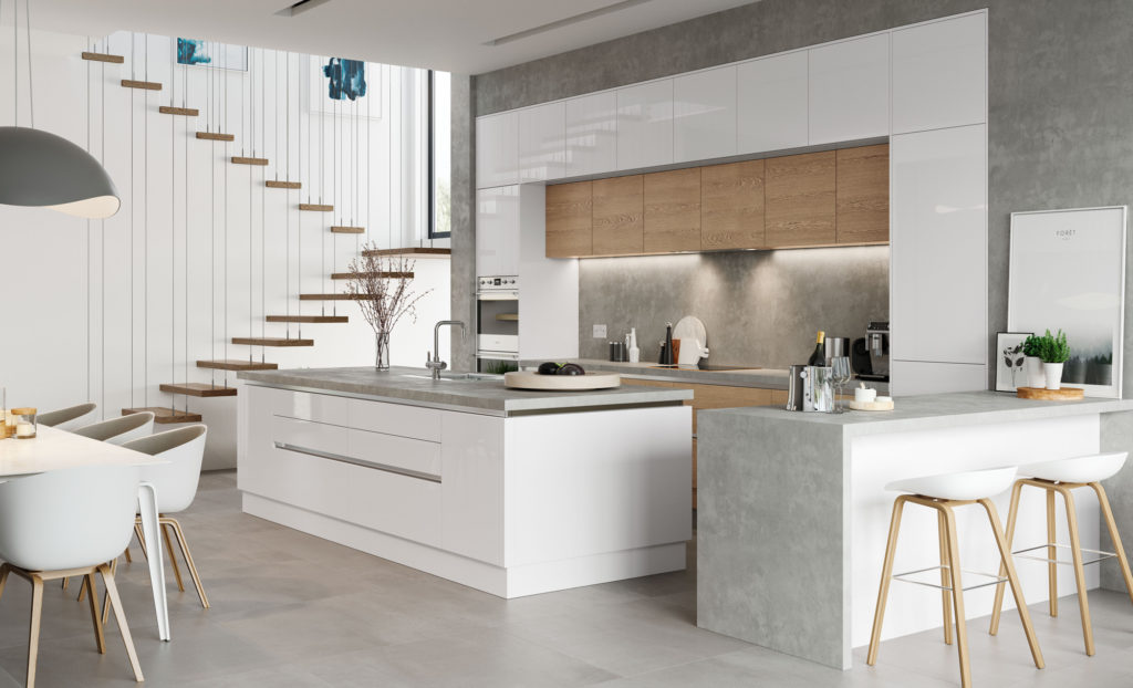 white scandinavian kitchen with stone worktops and wooden accents