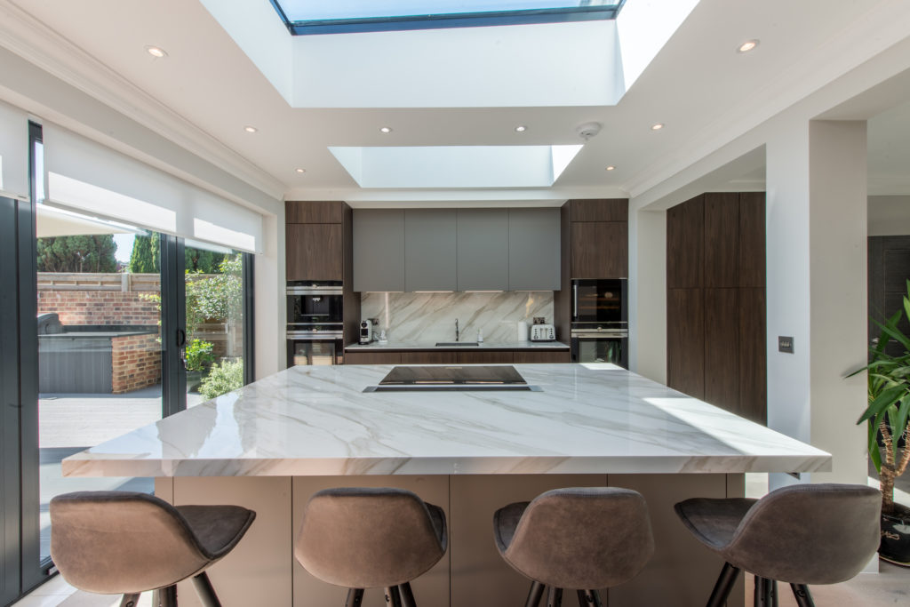 white kitchen with white quartz table